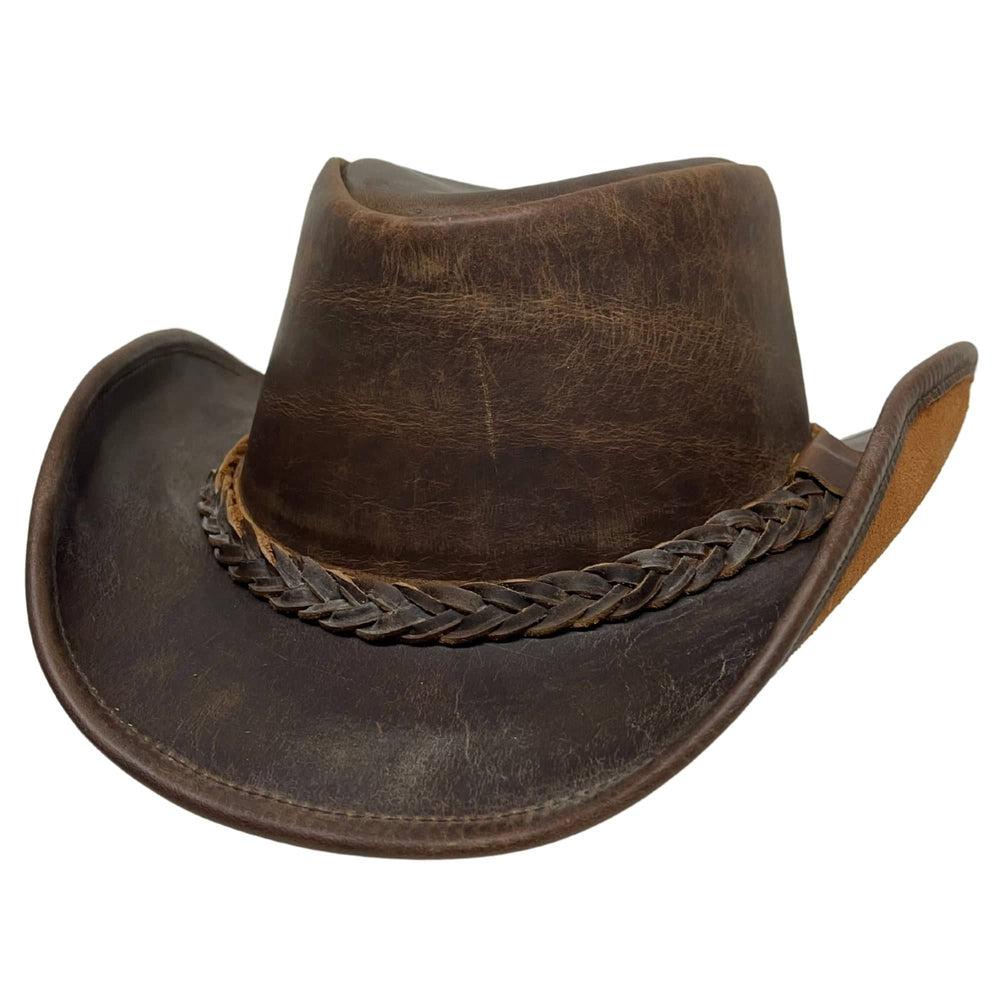 An angle view of a Back Woods Brown Leather Outback Hat 