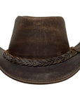 A front view of a Back Woods Brown Leather Outback Hat 