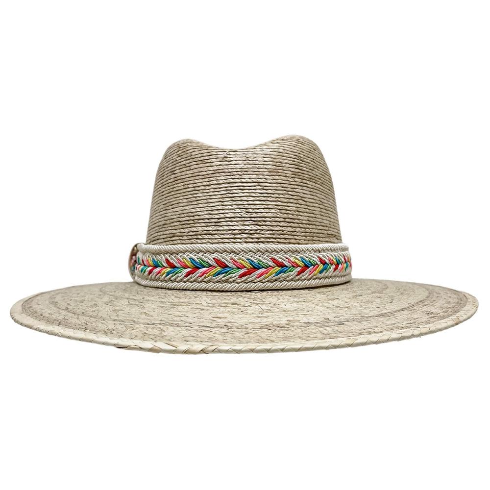 A Back view of a Bisbee Straw Hat with Colorful Hat Band by American Hat Makers