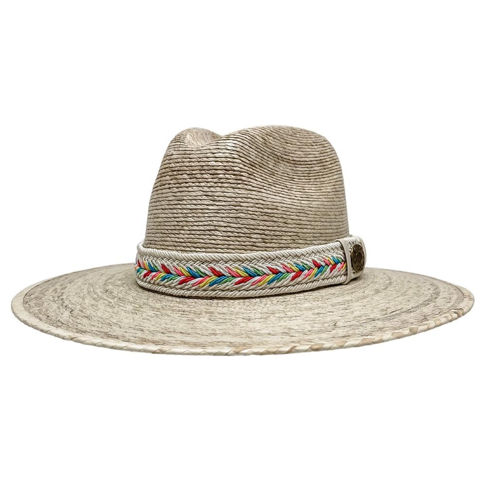 A Side View of a Bisbee Straw Hat with Colorful Hat Band by American Hat Makers
