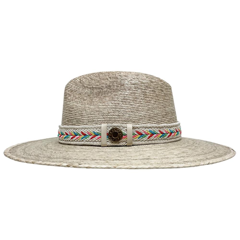 A Front view of a Bisbee Straw Hat with Colorful Hat Band by American Hat Makers