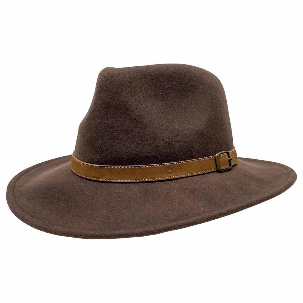 An angle left view of Boondocks Brown Felt Fedora Hat 