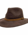 An angle left view of Boondocks Brown Felt Fedora Hat 