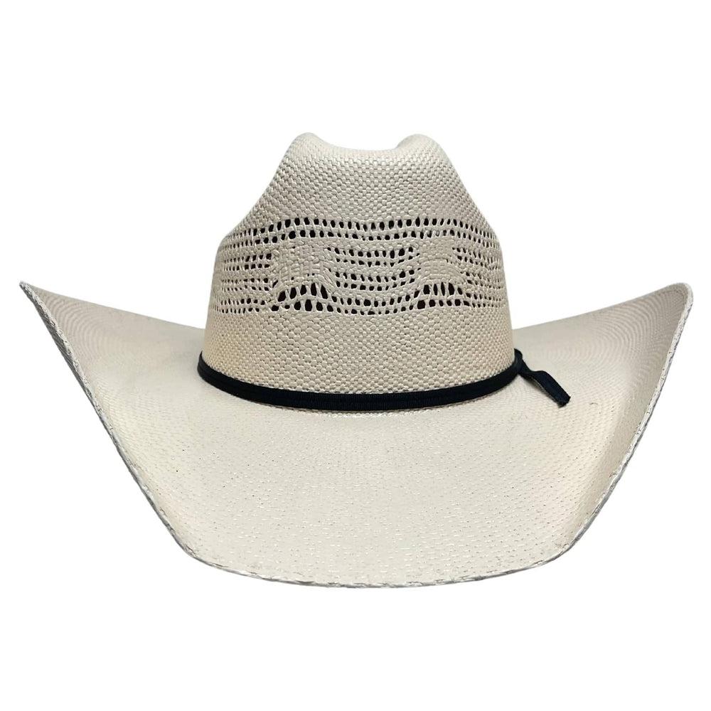 A front view of a Bozeman Cream Straw Cowboy Hat 