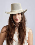 A woman wearing Suede Breeze Latte Sun Hat on a front view