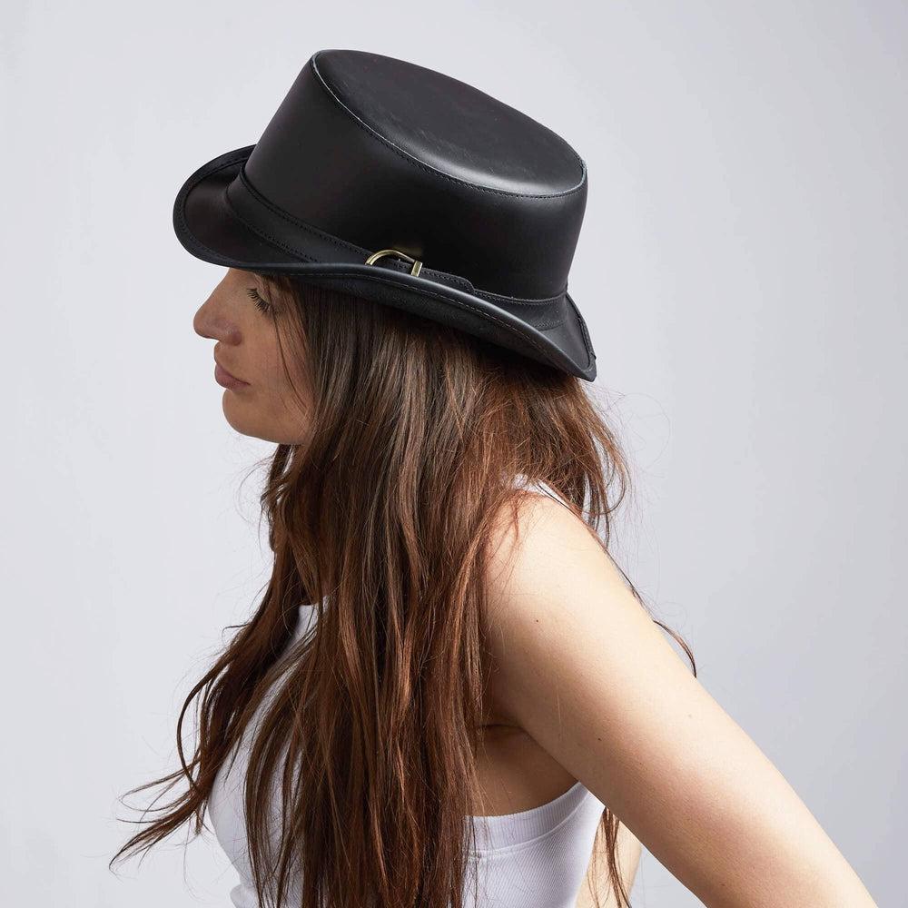 A woman wearing Black Leather Top Hat with Carriage Band 