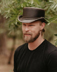 Bromley Brown Leather Top Hat with a Carriage Band  by American Hat Makers - Hover