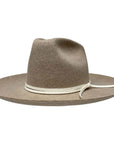 An angle view of a Crescent Oatmeal Felt Wool Fedora Hat 