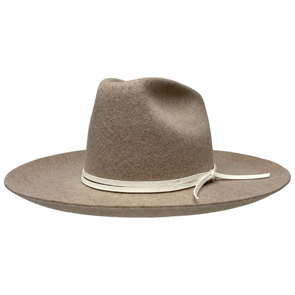 An angle view of Crescent Oatmeal Felt Wool Fedora Hat 