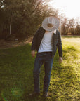 A man standing in a yard wearing Crescent Oatmeal Felt Wool Fedora Hat 