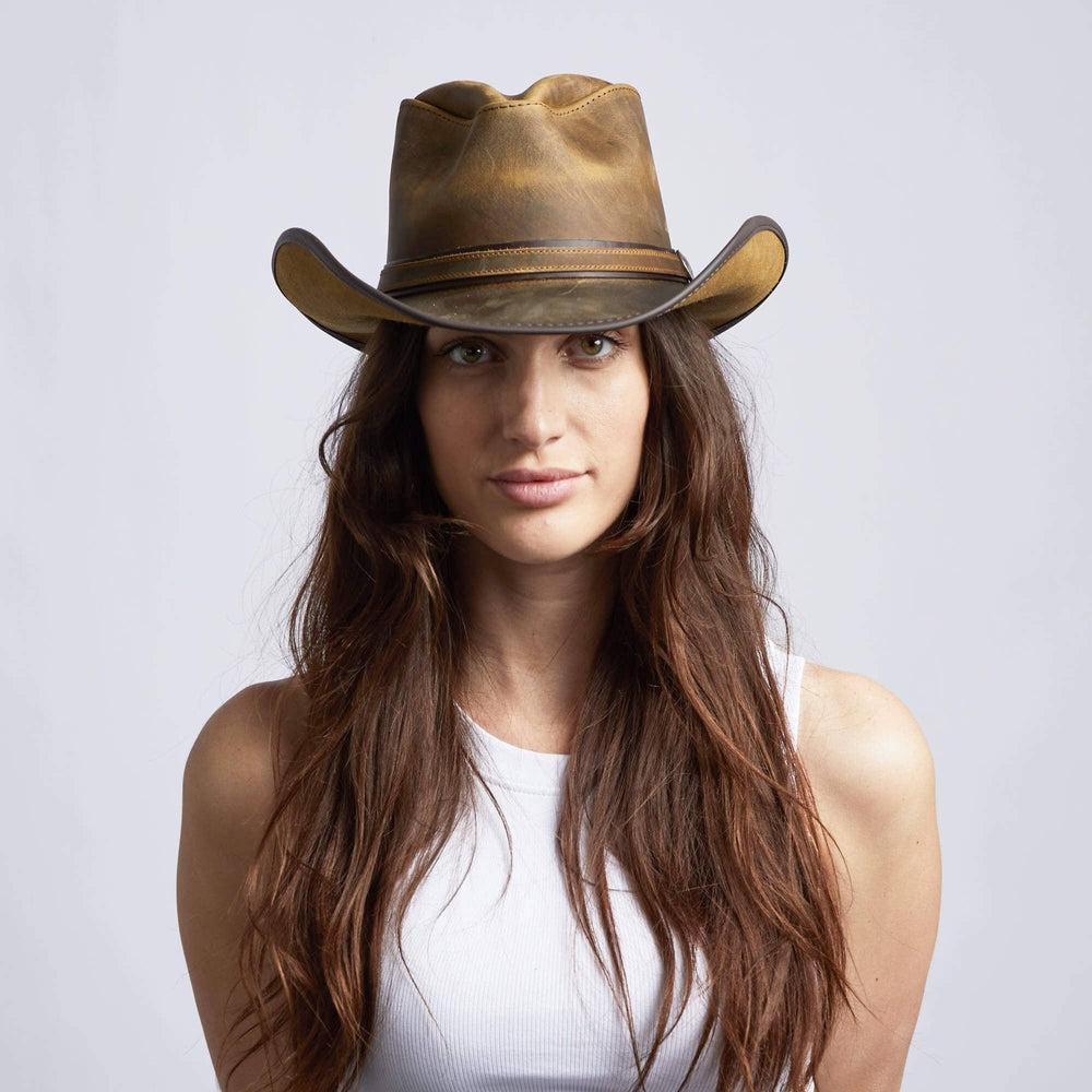 A woman wearing Burnt Honey Leather Cowboy Hat on a front view