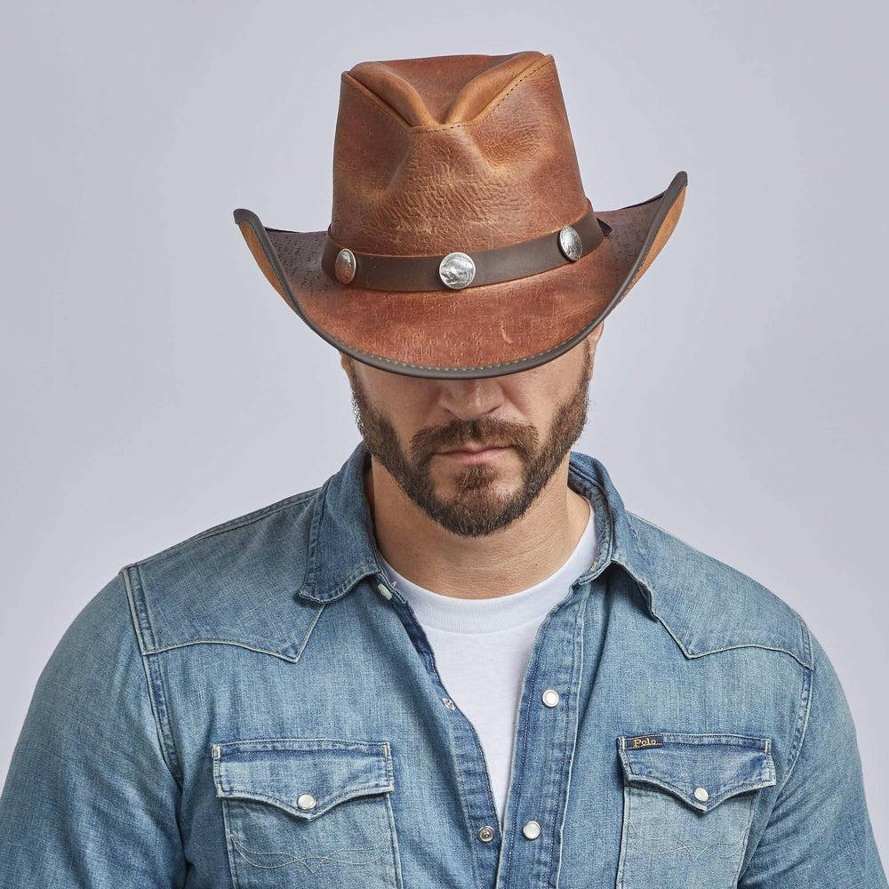 A man in denim jacket wearing Cyclone Cobblestone Leather Cowboy Hat with 3&quot; Brim and 4&quot; Crown 
