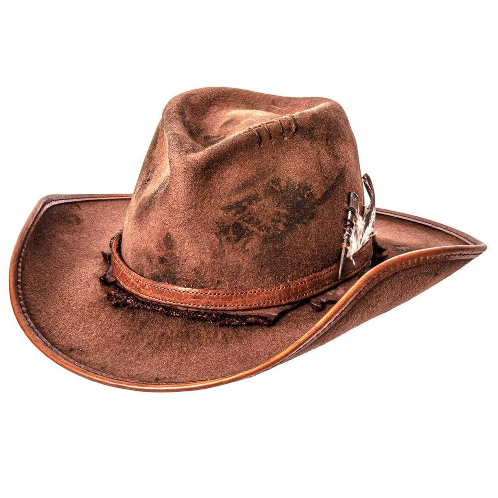 An angle view of a Duke Brown Felt Cowboy Hat