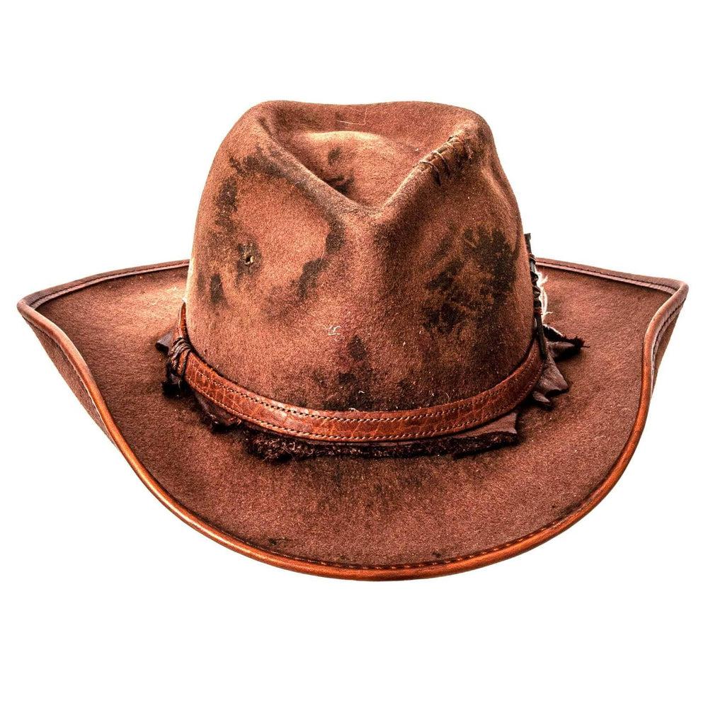 A front view of a Duke Brown Felt Cowboy Hat 