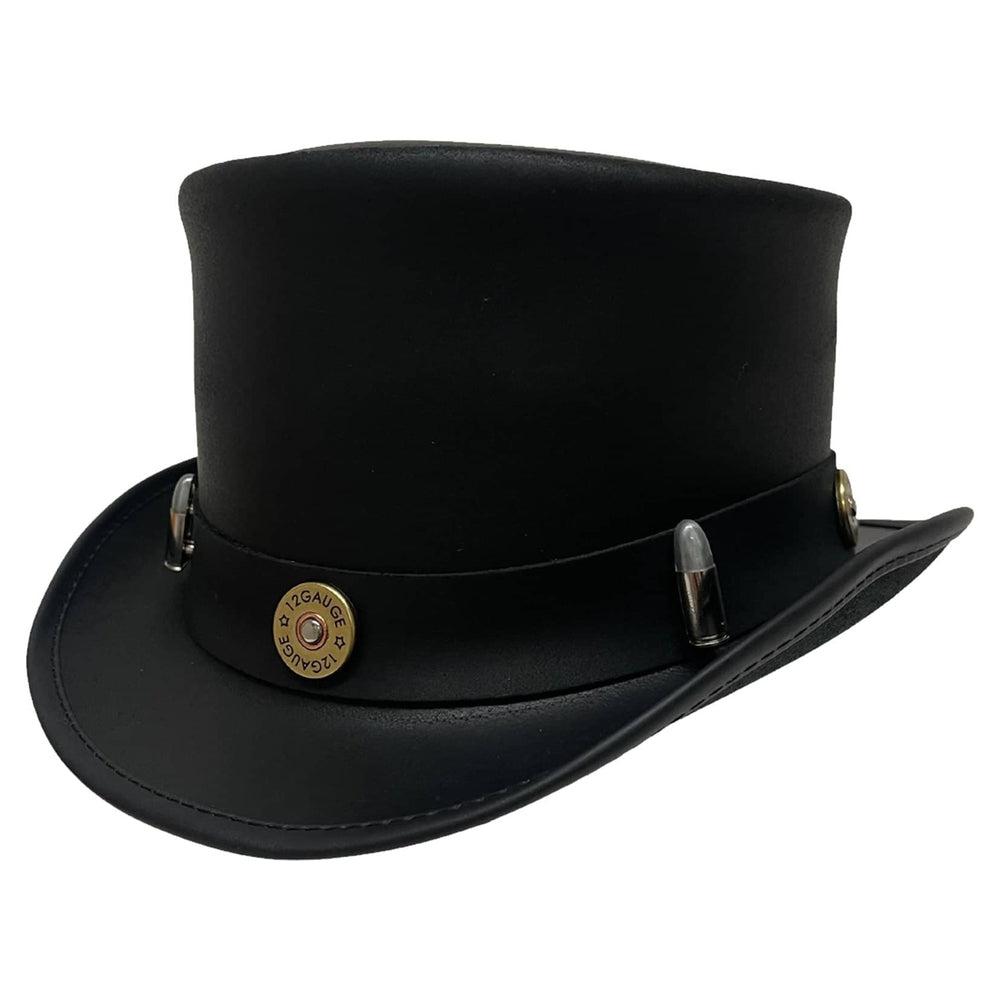 An angle view of a El Dorado Black Leather Top Hat with a Bullet Band 