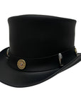 An angle view of a El Dorado Black Leather Top Hat with a Bullet Band 