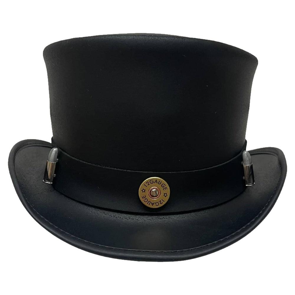 A front view of a El Dorado Black Leather Top Hat with a Bullet Band 