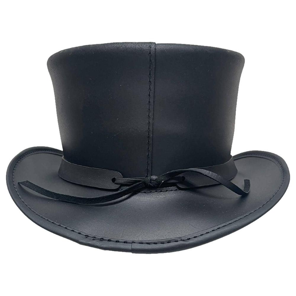 A back view of a El Dorado Black Leather Top Hat with Red Eye Skull Band