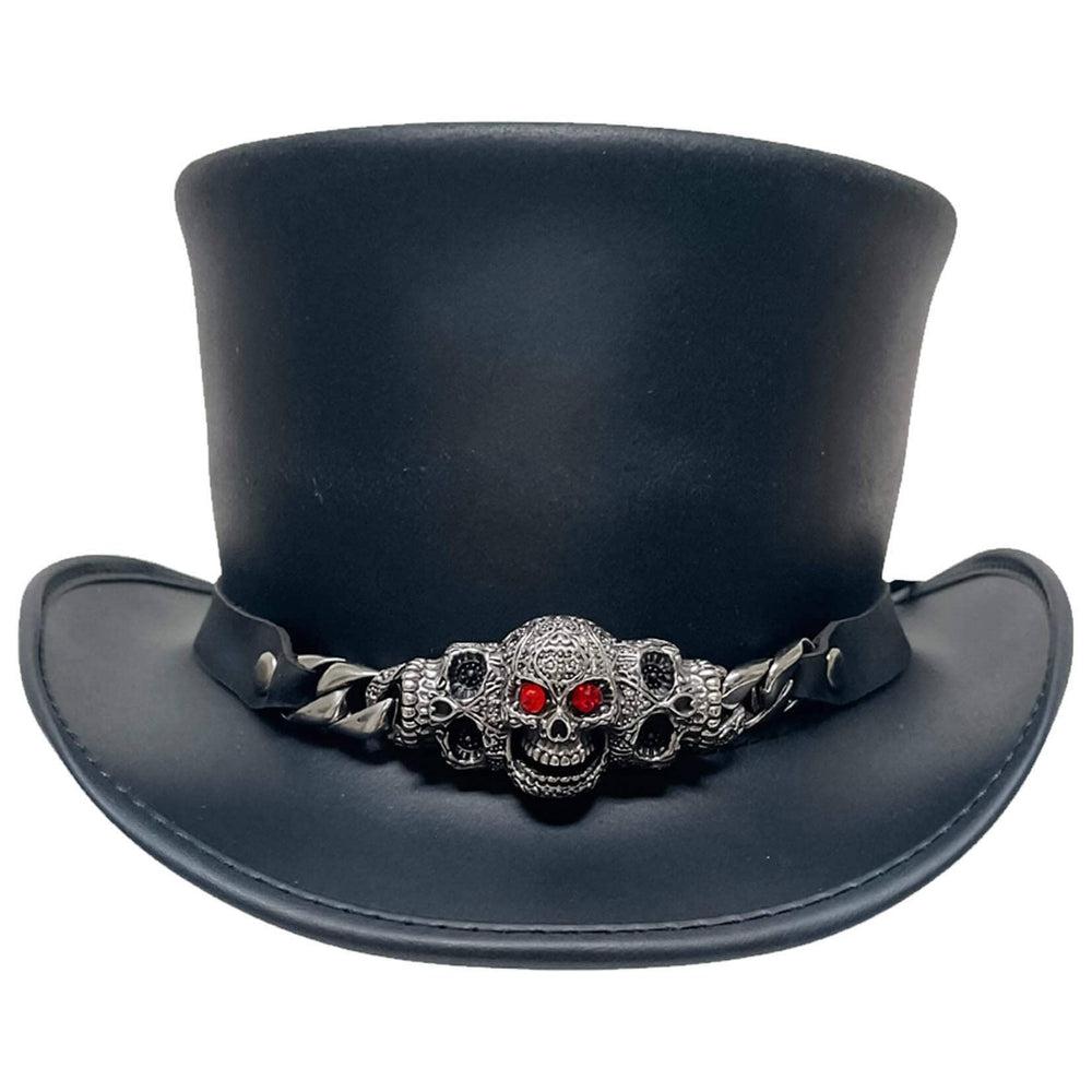 A front view of a El Dorado Black Leather Top Hat with Red Eye Skull Band