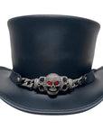 A front view of a El Dorado Black Leather Top Hat with Red Eye Skull Band