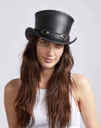 A woman wearing El Dorado Black Leather Top Hat with SR2 Band on an angle view