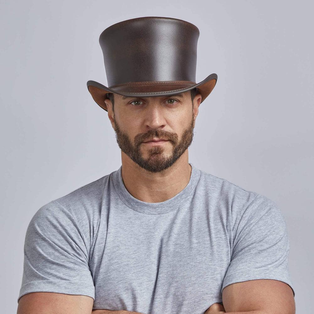 A man wearing Unbanded El Dorado Brown Leather Top Hat