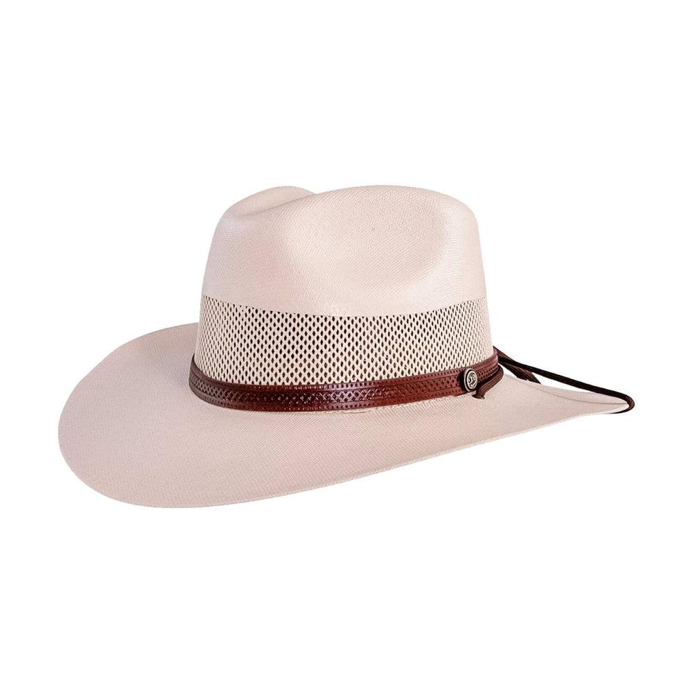 An angle view of a straw fedora cream hat