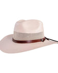 An angle view of a straw fedora cream hat