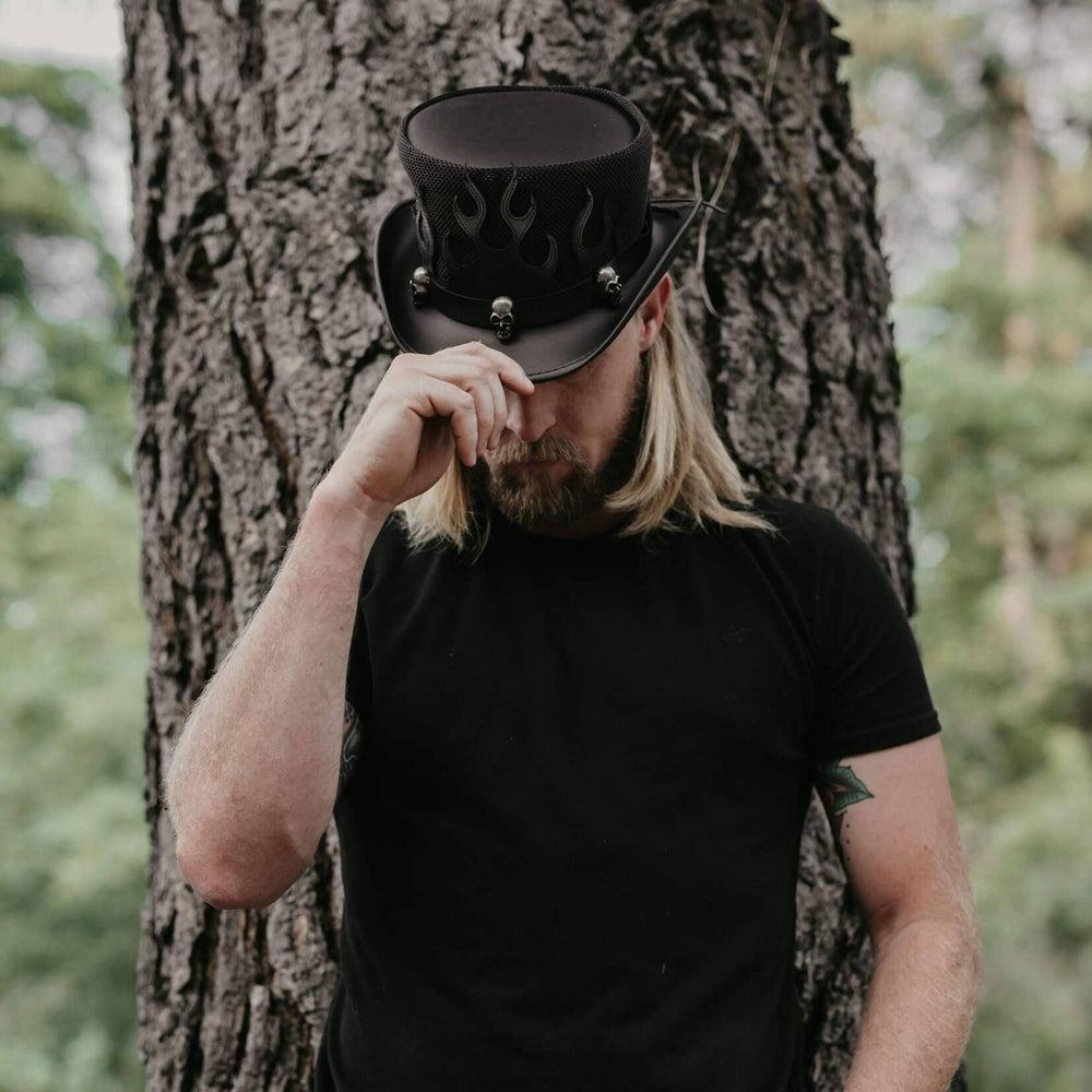Flames | Mens Biker Leather Top Hat | Skull Hat Band by American Hat Makers