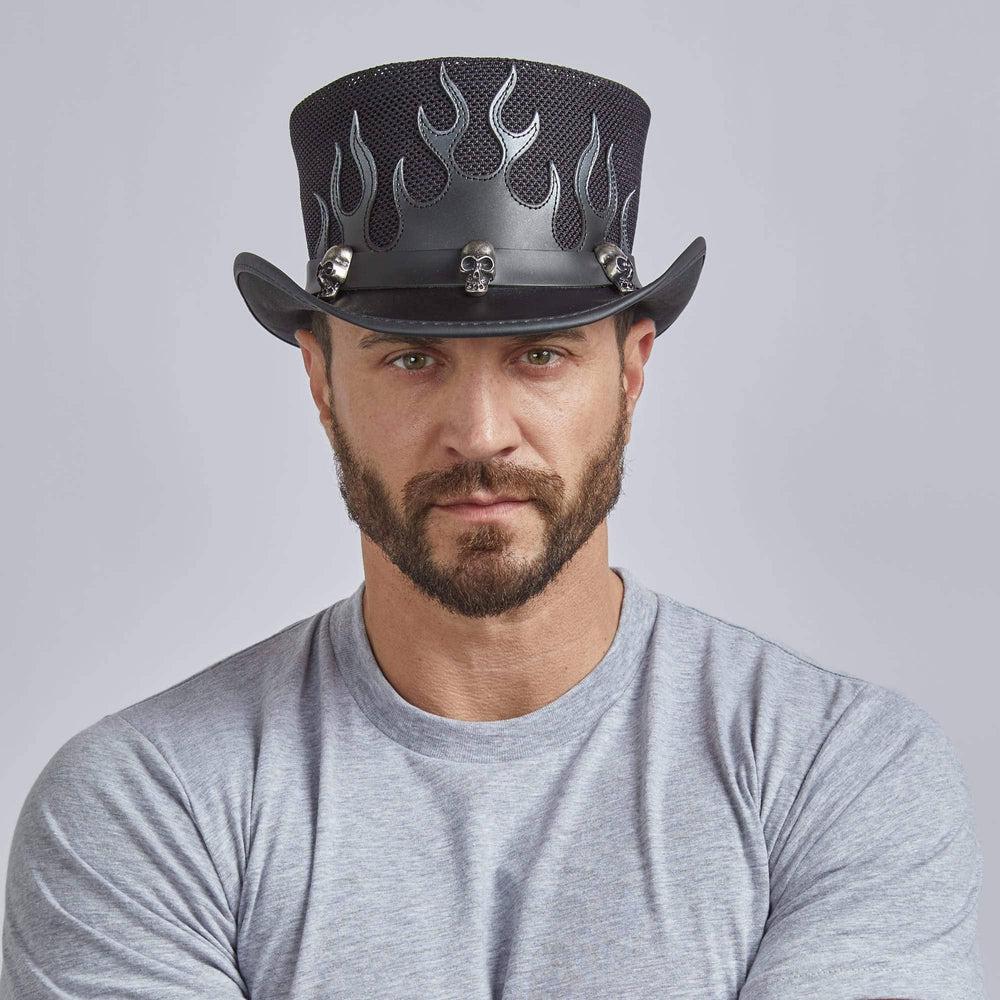 A man wearing Flames Black Mesh Leather Top Hat 