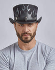 A man wearing Flames Black Mesh Leather Top Hat 