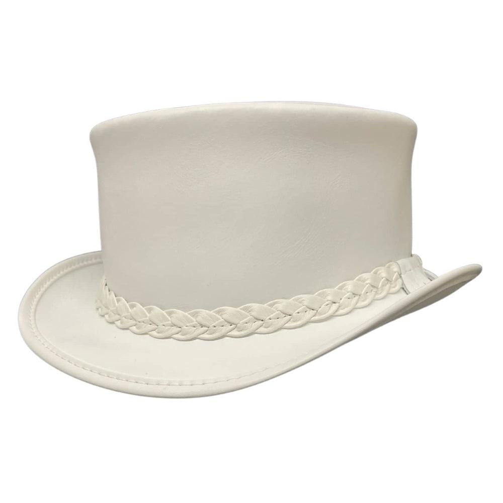 An angle view of a Ghost Rider White Leather Top Hat 