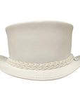 A front view of a Ghost Rider White Leather Top Hat 