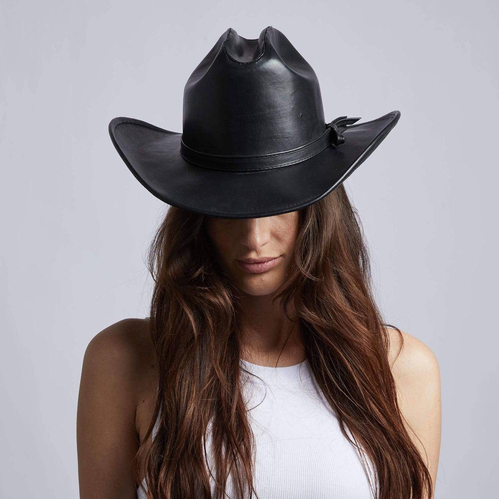 A woman wearing Gorge Leather Cattleman Black Cowboy Hat 