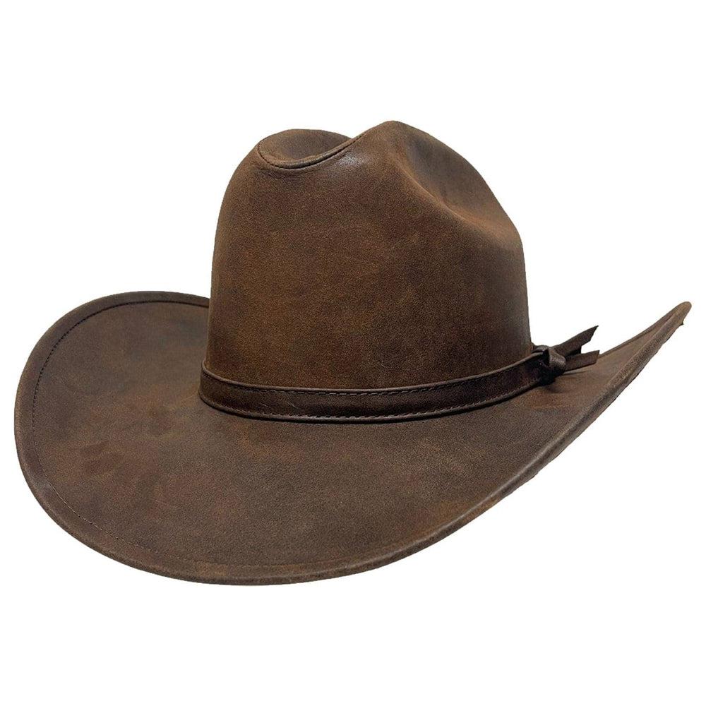 An angle view of Gorge Leather Cattleman Brown Cowboy Hat 
