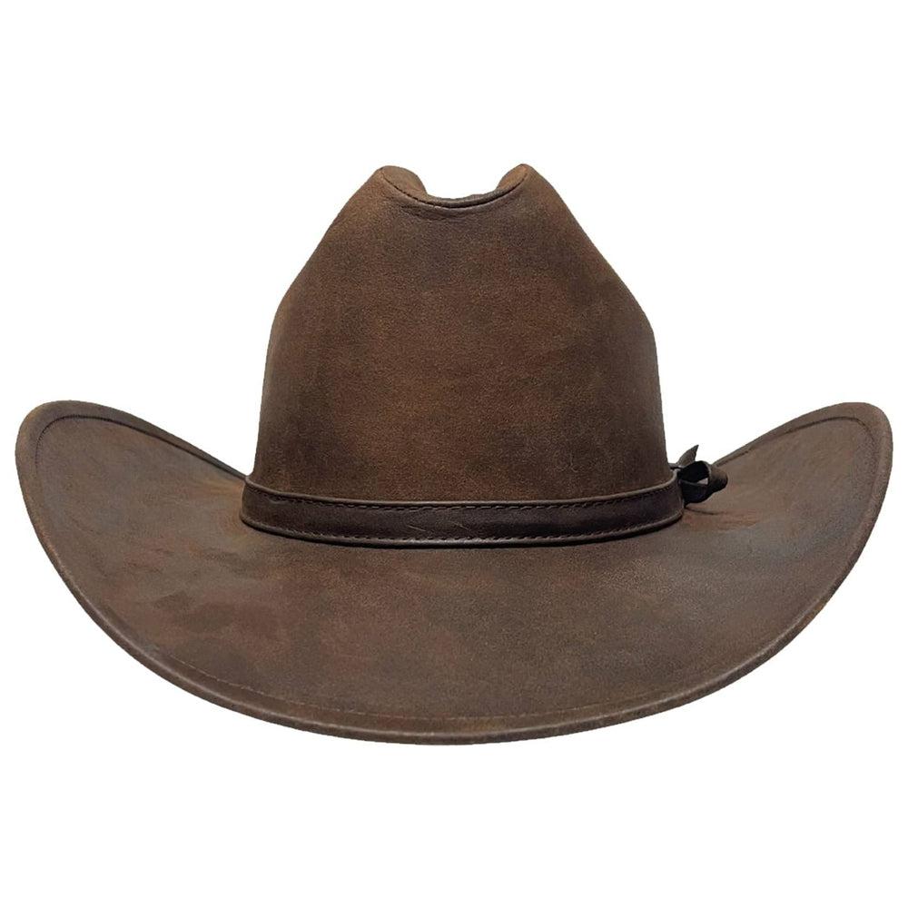 A front view of a Gorge Leather Cattleman Brown Cowboy Hat 