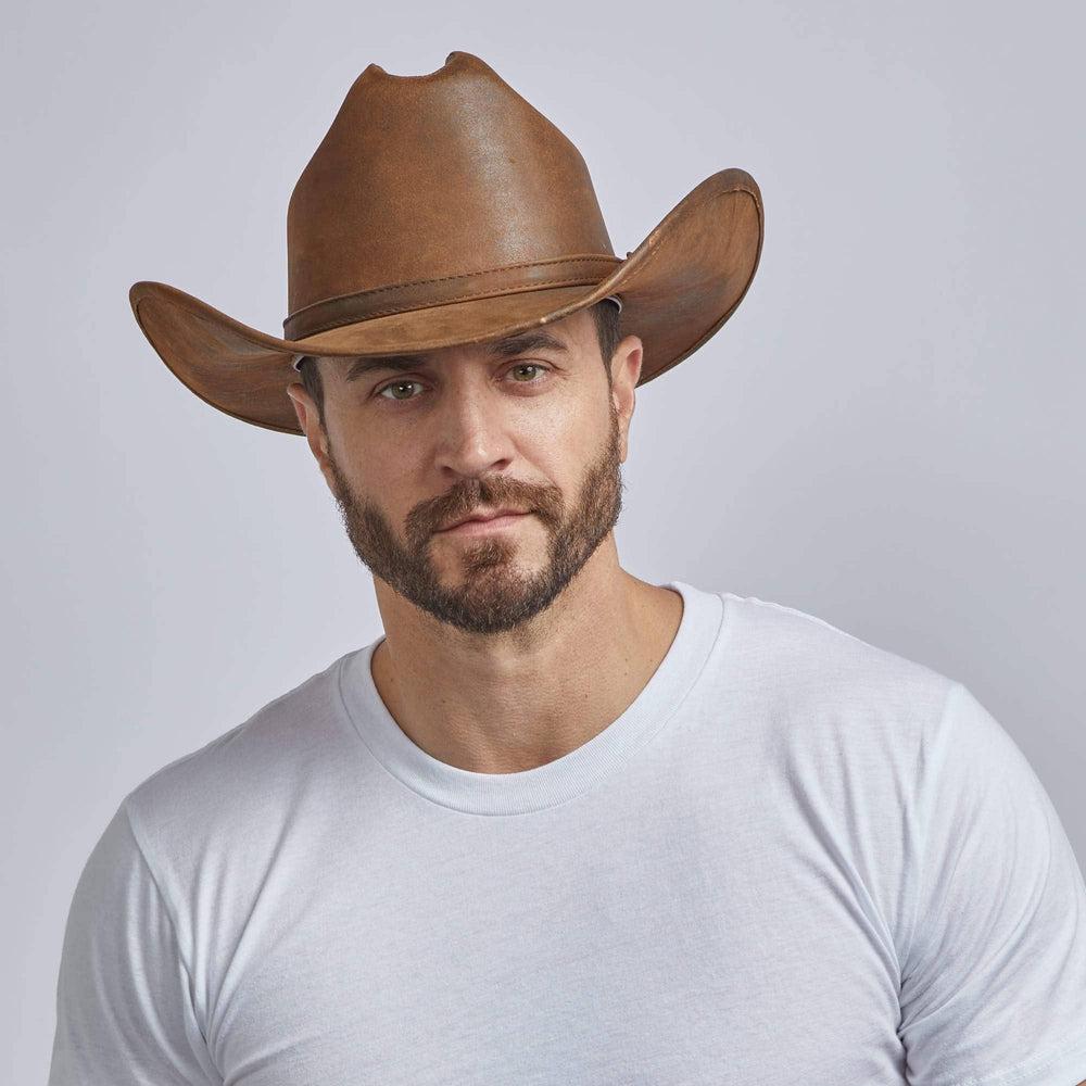 A man wearing Gorge Leather Cattleman Brown Cowboy Hat 