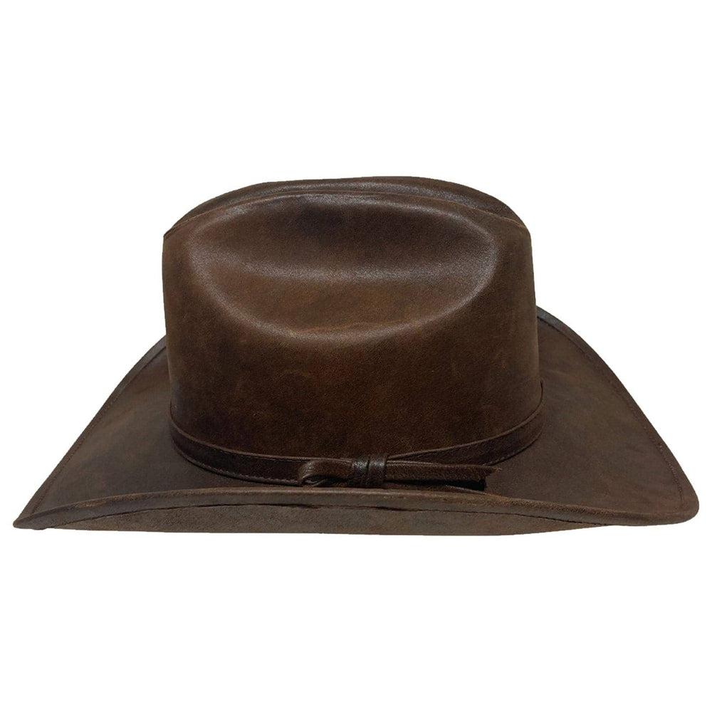 A side view Gorge Leather Cattleman Brown Cowboy Hat 