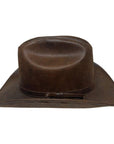 A side view Gorge Leather Cattleman Brown Cowboy Hat 