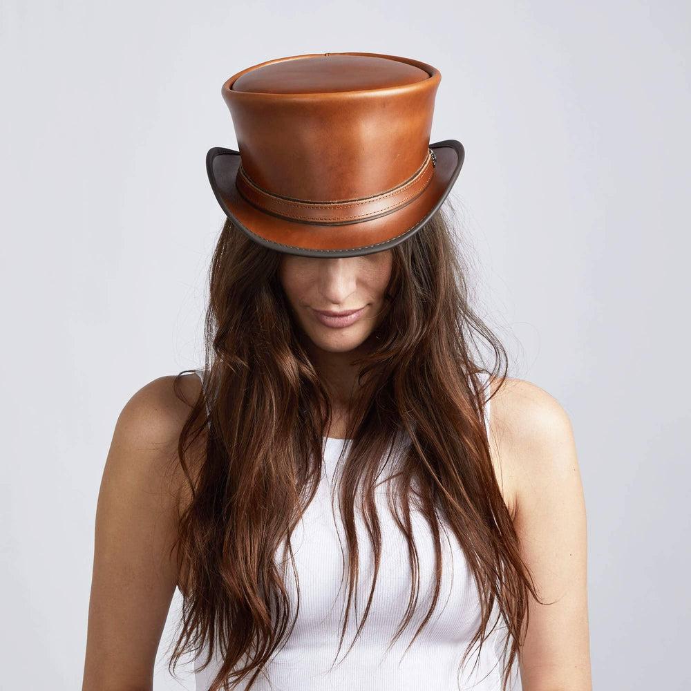 A woman wearing Hampton Cyprus Tan Leather Top Hat 