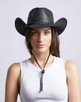 A woman wearing Hollywood Black Leather Cowboy Hat on a front view 