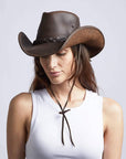 A woman wearing Hollywood Brown Leather Cowboy Hat 