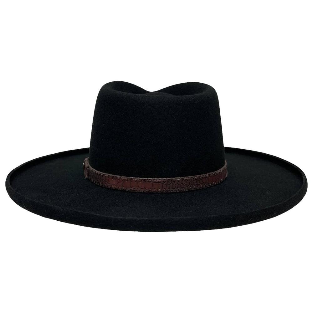 A back view of a Hudson Black Felt Fedora Hat 