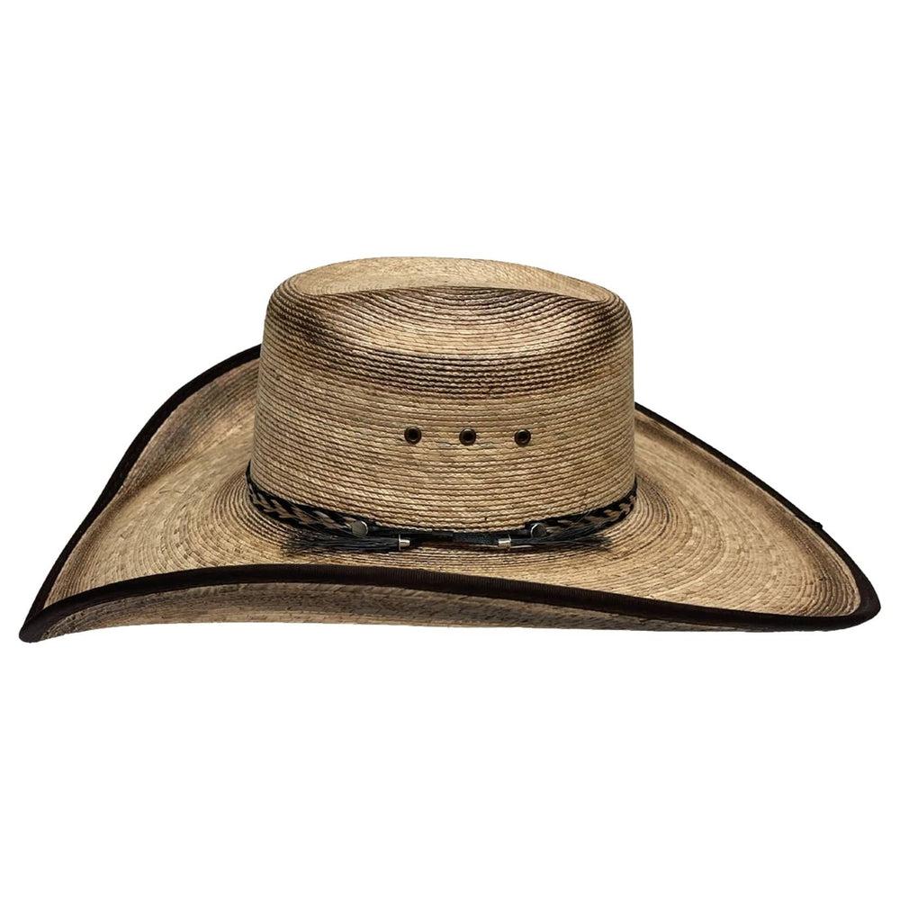 A side view of a Straw Palm Cowboy Hat 
