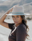 A woman wearing Wide Brim Felt Fedora hat