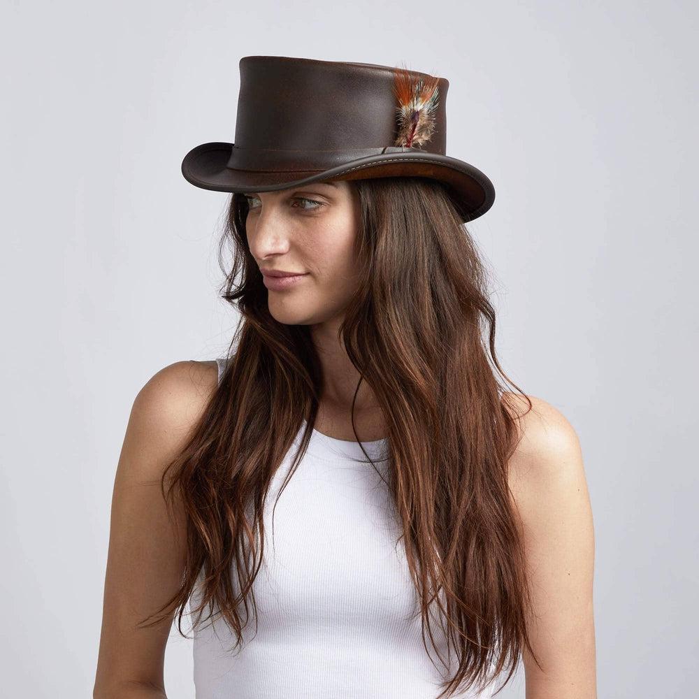 A woman wearing Marlow Brown Finished Leather Top Hat with LT Band on an angle view 