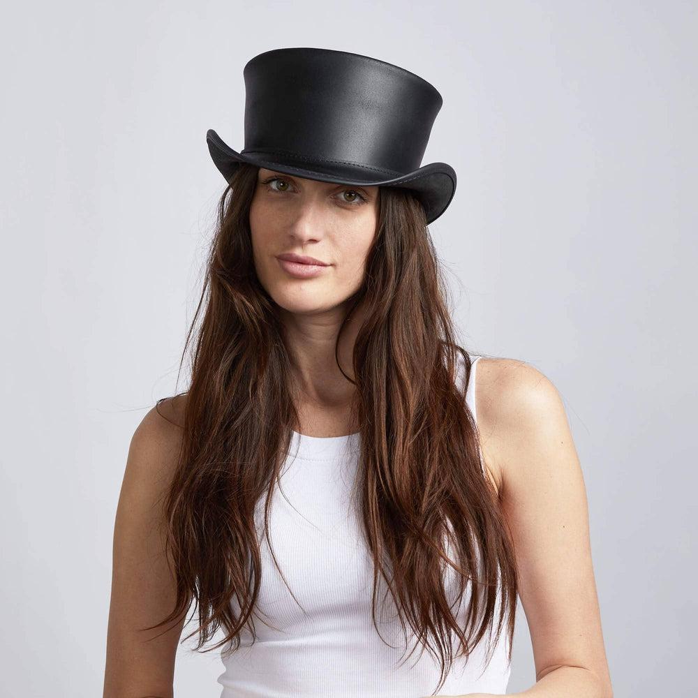 A woman wearing Black Finished Top Hat
