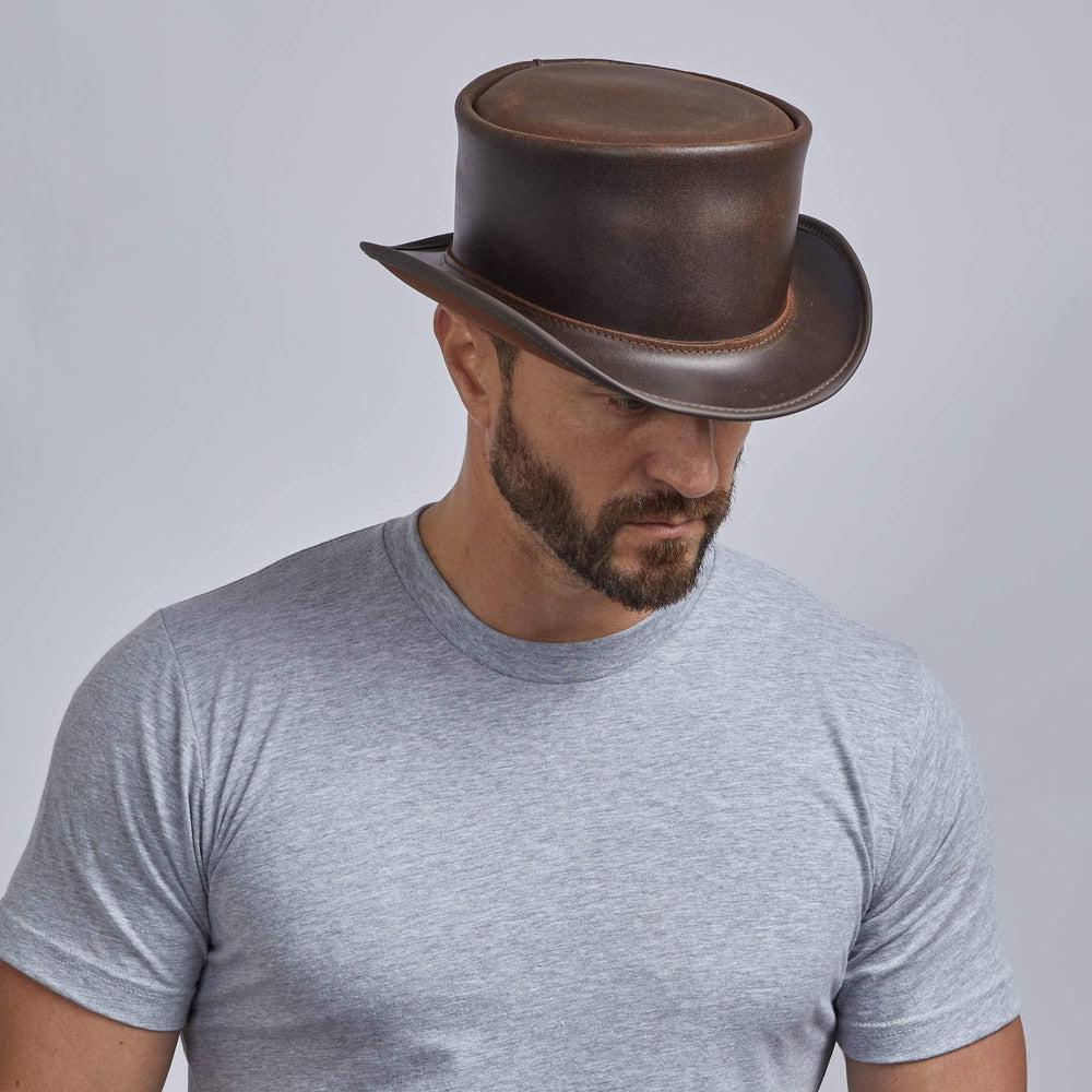 A man wearing Unbanded Brown Marlow Top Hat 