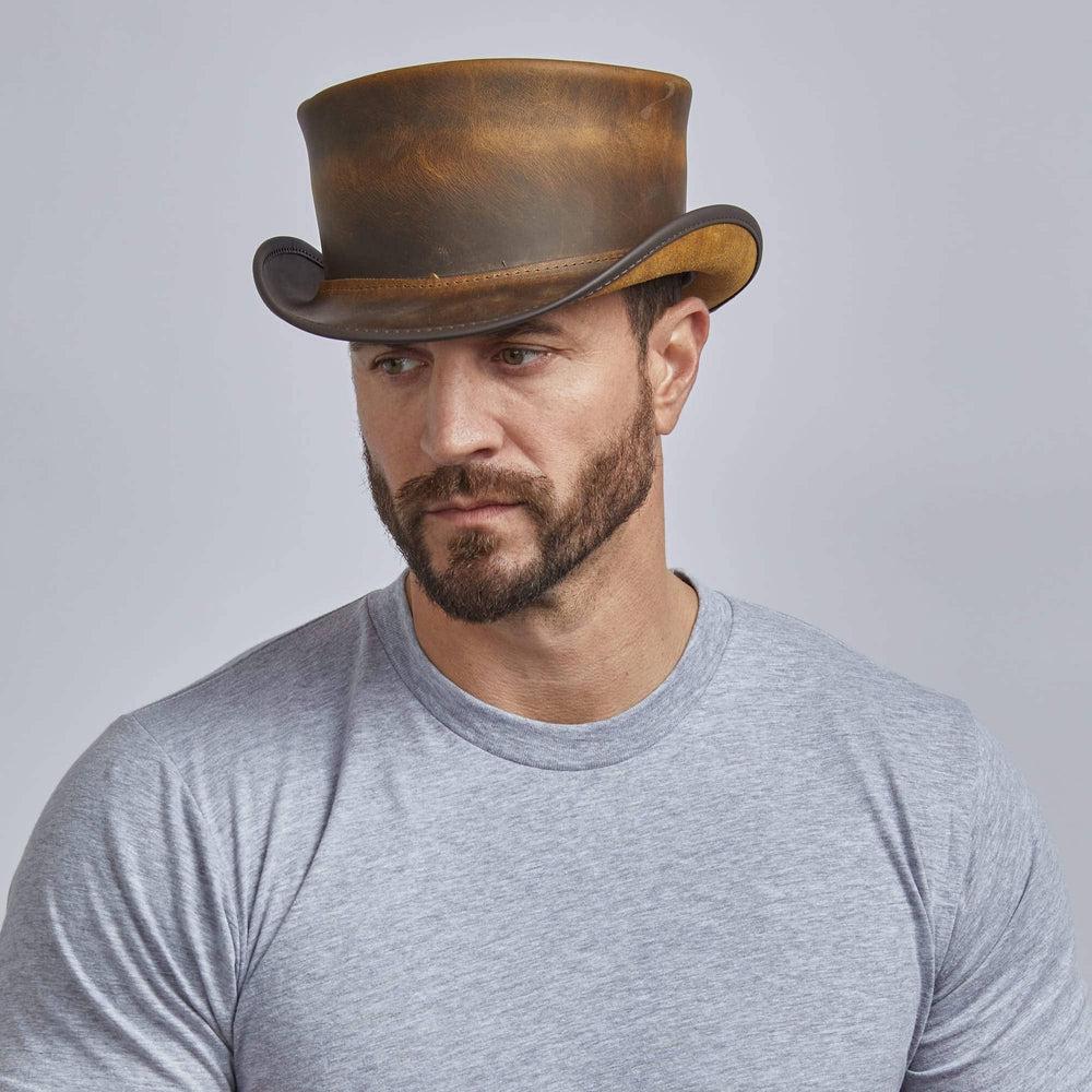 A man wearing Unbanded Burnt Honey Marlow Top Hat