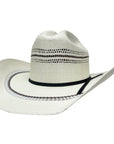 An angle view of a Ponderosa Cream Wide Brim Straw Hat 